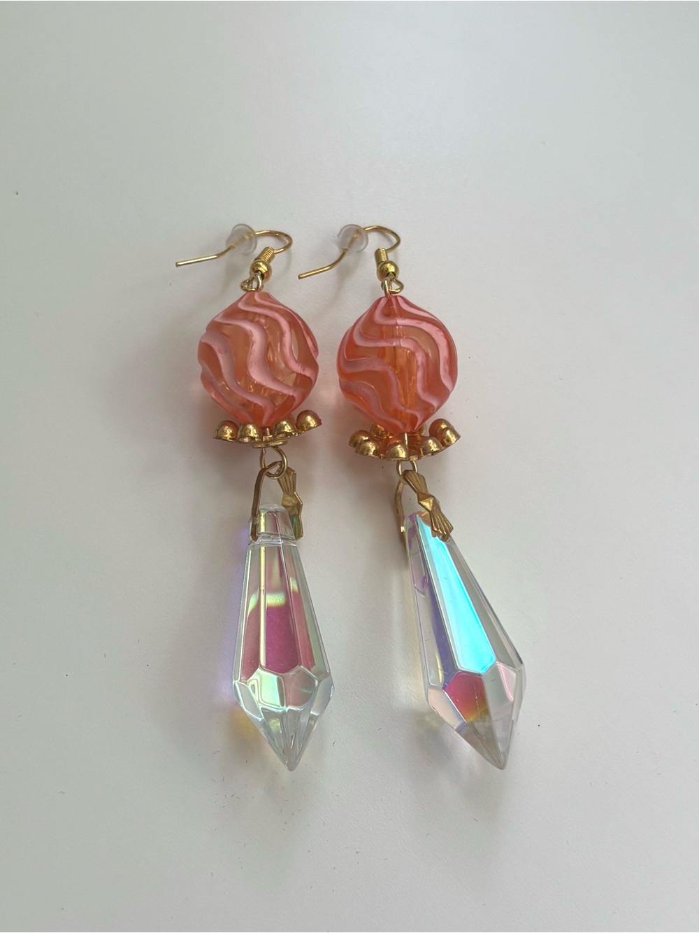 Gold-Tone Pink Swirl Bead Drop Earrings with Iridescent Crystal Pendants
